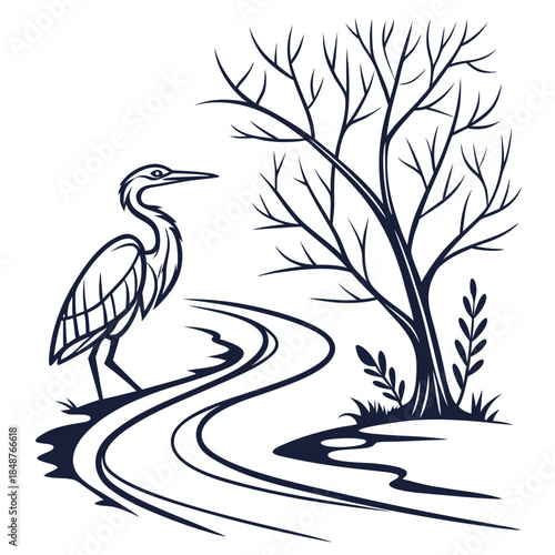 Title: A minimalist black and white of a heron standing near a tree and a body of water