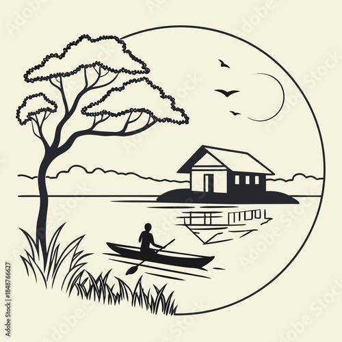 Title: A minimalist black and white of a person rowing a boat near a house with trees and birds