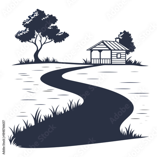 Title: A minimalist black and white of a small house with a winding path and trees
