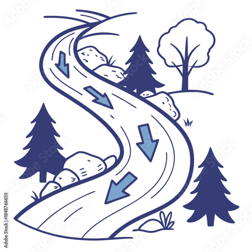 Title: Three sheep following arrows on a winding path through a forest in a minimalist line