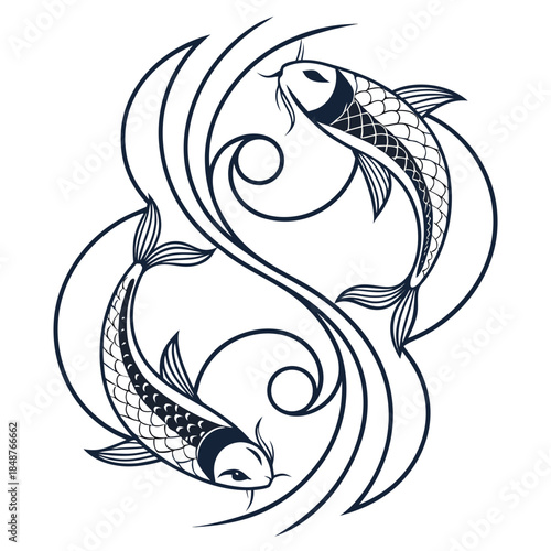 Title: Two stylized koi fish swimming in opposite directions with intricate scales and flowing