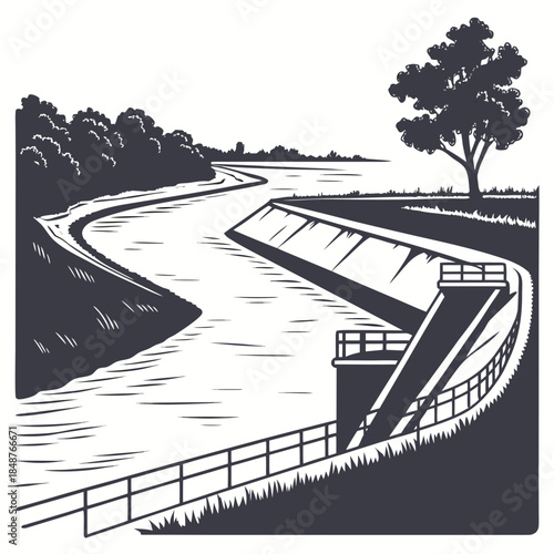 Title: Winding road with a bridge and trees in a minimalist line landscape banks