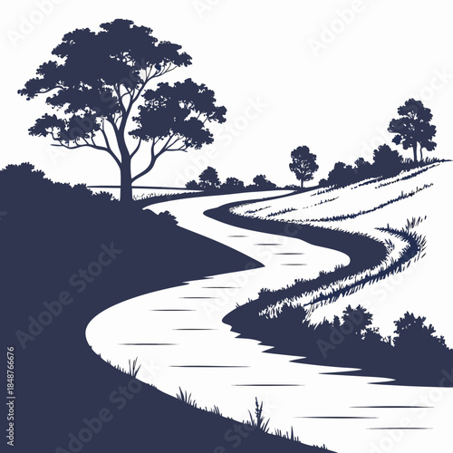 Title: Winding river with trees and grass in a minimalist line landscape banks