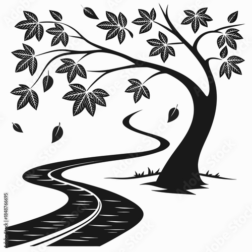 Title: A black and white of a tree with detailed leaves and a winding river flowing beneath it