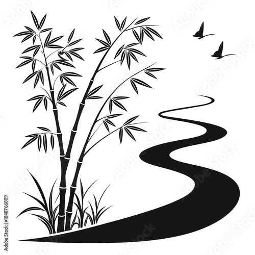 Title: Black and white of bamboo plants with a winding stream and flying birds on a transparent