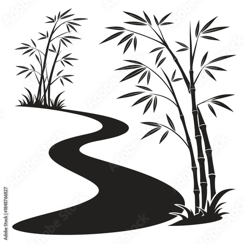 Title: Black and white of bamboo plants with a winding stream on a transparent background