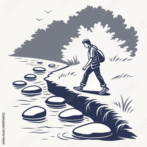 Title: of a person walking on stepping stones in a pond with a backpack and surrounded by nature