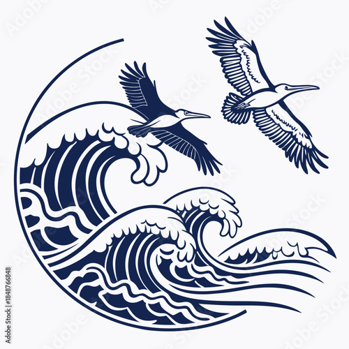 Title: Black and white of birds flying over waves with a circular frame on a transparent background