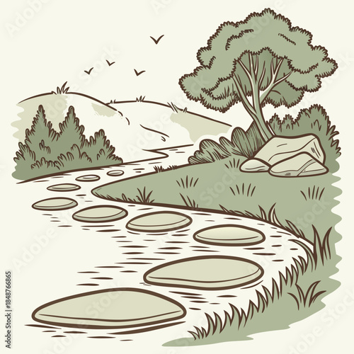 Title: of a pond with lily pads and a natural landscape with trees and grass