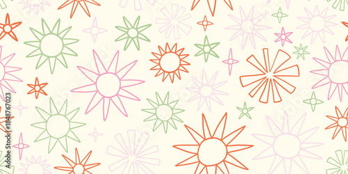 Modern seamless pattern with doodle bright stars, endless pattern, contour line star illustration. Christmas ornament, birthday design with light background. Trendy modern cute vector illustration.