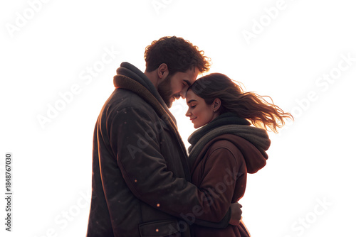 Romantic loving couple hugging each other with a large heart shape behind them, expressing affection, warmth and emotional connection. Valentine’s Day concept, realistic style, isolated on transparent