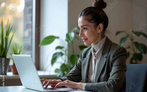 analyst woman using laptop computer in office. High quality