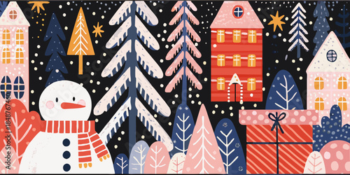 Whimsical snowman in festive winter village with colorful houses and trees