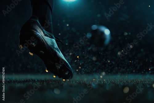 Soccer player's foot in dark cleat kicking ball on green stadium field during night. Dynamic action shot with dramatic lighting and flying dust or sparks