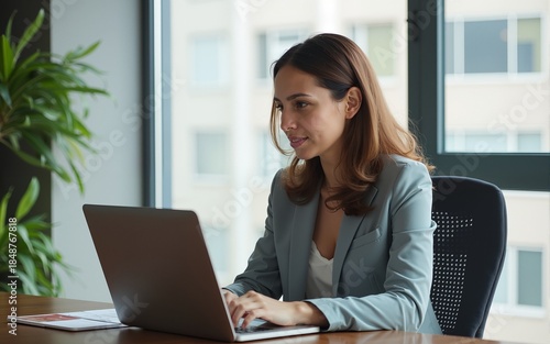 Side view of senior female manager sitting at her office and using laptop computer. High quality
