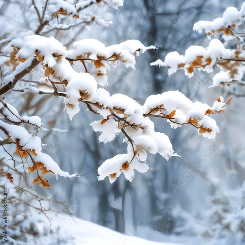 Elegant winter ecology background, snow-covered leaves and branches