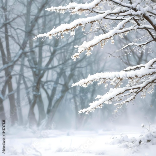 Elegant winter ecology background, snow-covered leaves and branches