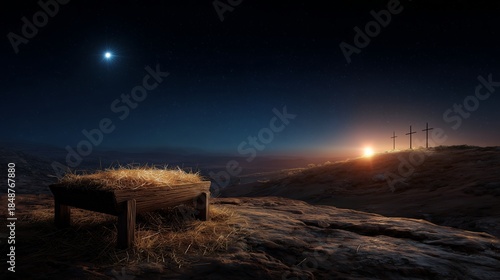 Jesus in a setting with a manger at sunrise near three crosses in the background during early morning hours