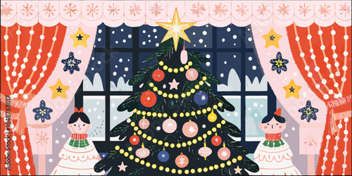 Whimsical Christmas scene with decorated tree and joyful kids by window