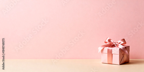 Ultra-wide panorama 3:1 of a soft pink and beige minimalist background with a single Valentine’s Day gift box wrapped in satin ribbon placed on the right side, leaving large clean space on the left fo