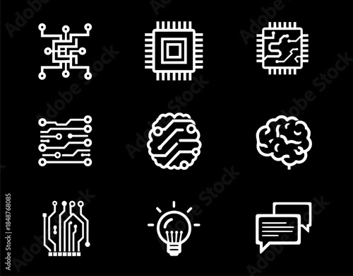 Collection of digital technology and artificial intelligence icons, representing circuits, processors, and neural networks for innovation and communication