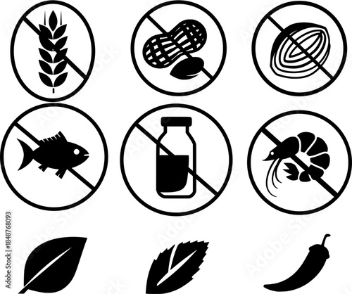 Set of Allergen Icons Indicating Foods to Avoid for Allergy Sufferers