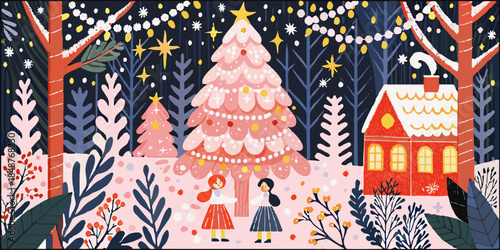 Magical winter wonderland scene with girls decorating pink Christmas tree