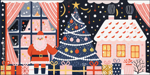 Santa Claus standing beside a decorated Christmas tree outside a cozy house on a snowy night with gifts