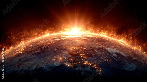 A dramatic depiction of Earth engulfed in flames, with a bright, fiery sun rising above the horizon. The continents are visible