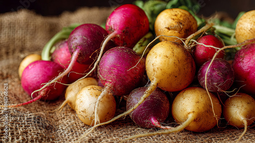 Freshly harvested radishes in various colors, showcasing vibrant hues of purple, red, and yellow, resting on a rustic burlap surface, emphasizing organic produce and natural textures