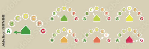 Energy Efficiency House Rating Gauge and Icons. A to G Scale
