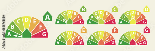 Energy Efficiency House Rating Gauge and Icons. A to G Scale