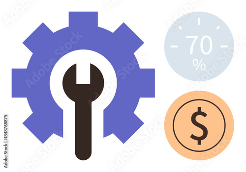 Gear with central wrench, 70 progress indicator, and dollar icon suggest productivity, efficiency, optimization, financial planning, maintenance, cost reduction and resource management. Ideal