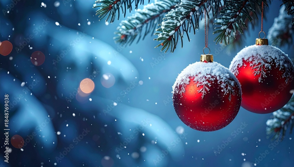 Fototapeta premium christmas background with christmas tree and balls In Winter On Fir Branches