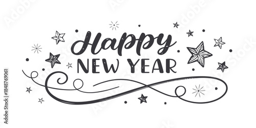 Happy New Year celebration with stars and swirls design
