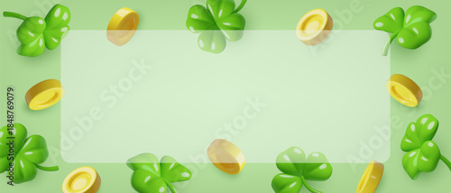 Clover and coins light green background in cute 3d realistic style with glass frame for text. St. Patrick's Day and casino horizontal banner design. Vector illustration.