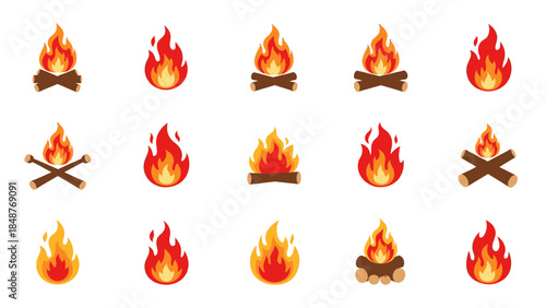 Flat fire flame vector icon set with fifteen different styles isolated on white