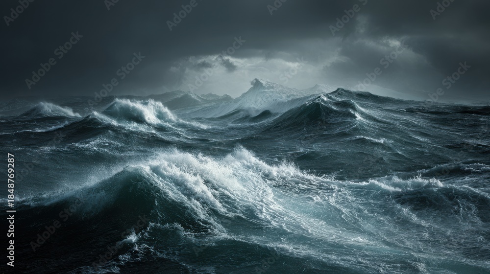 Fototapeta premium Dramatic stormy ocean with massive crashing waves and dark turbulent clouds