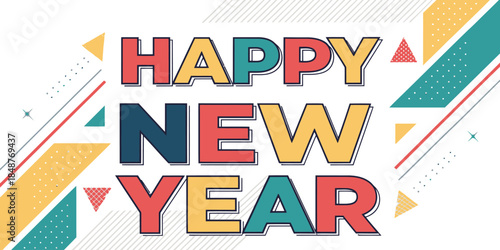 Vibrant Happy New Year celebration graphic with colorful geometric shapes