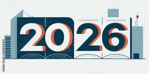 Modern cityscape with futuristic 2026 signage and sleek skyscrapers