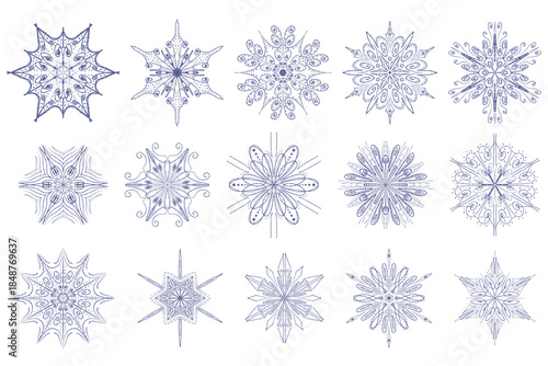 Decorative snowflake ornaments in symmetrical hand drawn line art