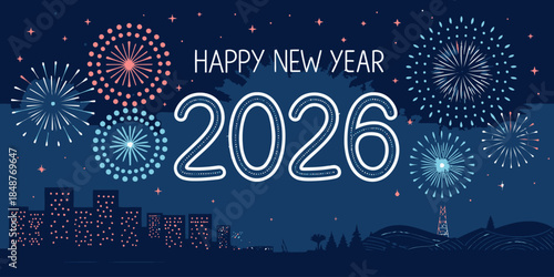 Vibrant Happy New Year 2026 celebration with fireworks in night sky over city