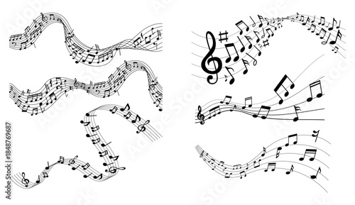 Music notes wave. Flowing musical staff lines with notes, clefs and melody rhythm patterns in dynamic circular, spiral and wavy shapes.