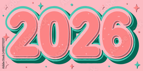 Vibrant 2026 typography with sparkling stars on pink background