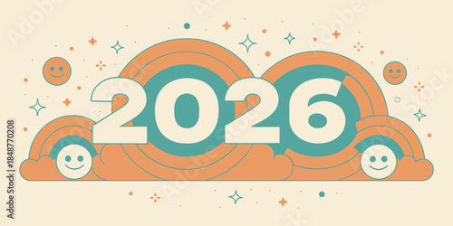 Vibrant 2026 graphic with smiling clouds and stars
