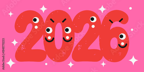 Vibrant 2026 cartoon numbers with smiling faces and sparkles