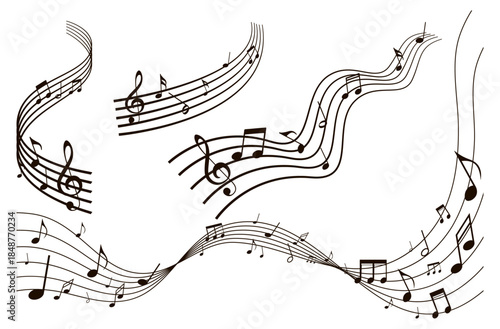 Music notes wave. Flowing musical staff lines with notes, clefs and melody rhythm patterns in dynamic circular, spiral and wavy shapes.