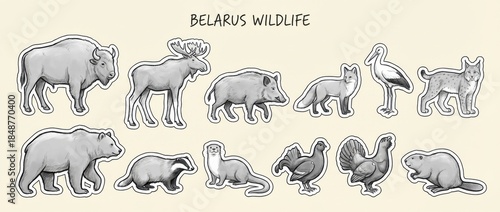 belarus wildlife animals hand-drawn sketch sticker set featuring iconic animals native to belarus all stickers