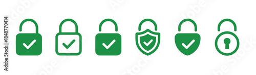 Green padlock security icons set, symbolizing protection and safety online