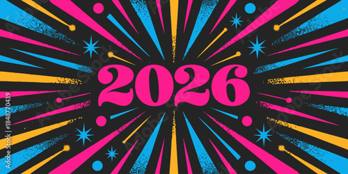 Vibrant 2026 graphic with colorful rays and stars on black background